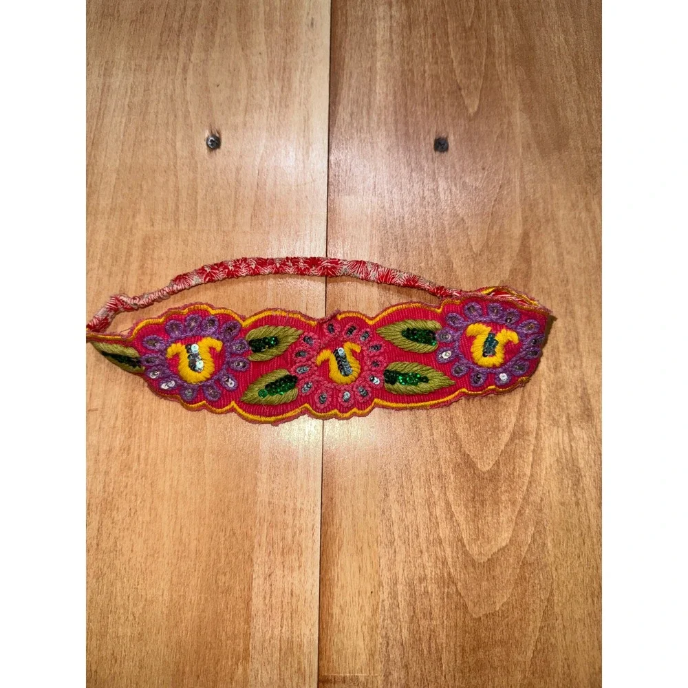 Boho Embroidered Floral Headband Pink Purple Sequin Beaded Festival Hair Piece